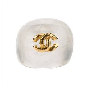 CHANEL Resin Acrylic Clear Dome Gold CC Ring Vintage Rare Cockaul Ring